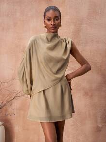 Zivah 2025 秋冬新款锈棕色网眼透视不对称袖迷你连衣裙，适合复活节、音乐节、日常穿着、派对、圣诞节、情人节、约会、海滩、邮轮、狂欢节 - 卡其色 - 查看 3