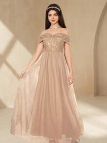 SHEIN Teen Girl Bridesmaid Bowknot Off Shoulder Ruched A-Line Long Sequin Prom Dress, Suitable For Teenagers, Elegant High Quality, For Wedding, Formal Party, Birthday, Performance - Champagne - View 3