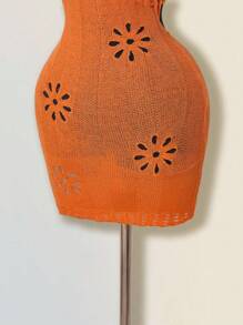 SHEIN ICON 夏季性感纯色镂空露背吊带针织连衣裙 - 橘色 - 查看 6