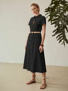 MOTF PREMIUM 女式亚麻领短袖衬衫裙（配腰带）