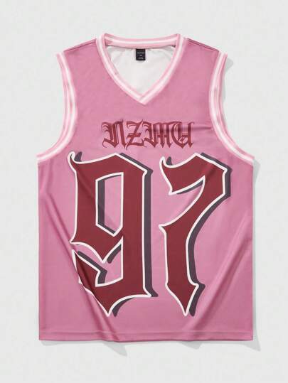 Prep Canottiera casual estiva da uomo con scollo a V, grafica con lettere e numeri, con bordi a contrasto