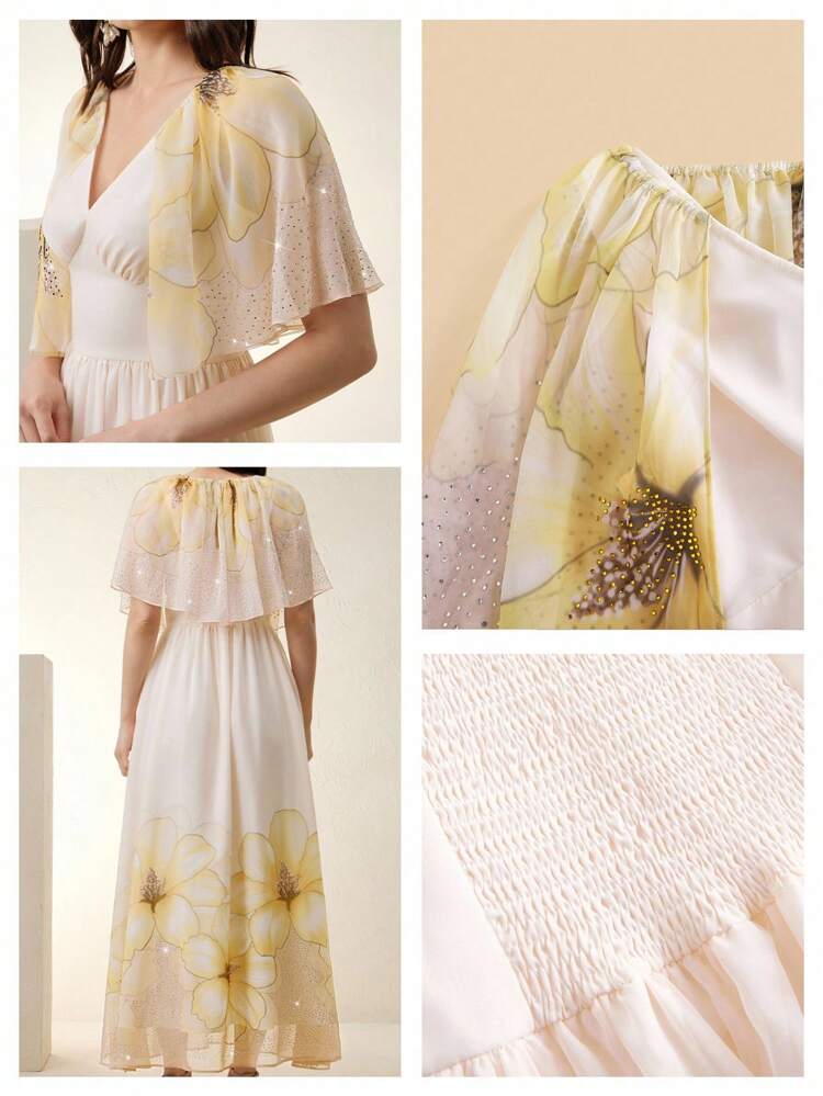 Summer Elegant Sexy Deep V-Neck Sheer Placement Floral Print Dress