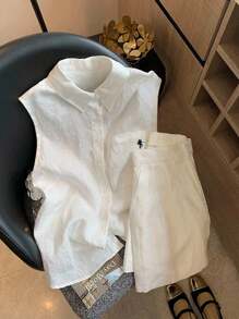 Everyssa 2 chiếc/Bộ thời trang mới thường ngày thêu họa tiết áo sơ mi không tay + quần short cho nữ - trắng - Xem 6