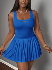 Slaydiva ملابس علوية كاجوال أساسية بياقة على شكل حرف U بلا أكمام، ذات ملصق أسود وكتابة بيضاء؛ تنورة قصيرة منسدلة مع شورت وكولوت من قماش تريكو أبيض، فستان نسائي على شكل خط A للربيع/الصيف - أزرق غامق - مشاهدة 6