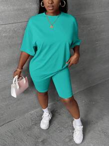 Slaydiva Bộ 2 áo thun trơn hở vai và quần short cỡ lớn cho nữ, thích hợp cho mùa hè - màu xanh lá - Xem 5