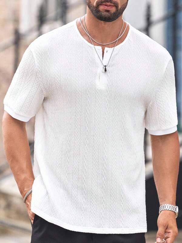 Manfinity VCAY Men'sTextured Casual Minimalist Top, Old Money Style Slim Fit Short Sleeve Daily Casual Henley Collar Short Sleeve White T-Shirt