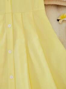 Tween Girl Front Button 3D Floral Decor Short Sleeve Dress - Yellow - View 3