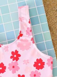 SHEIN Young Girl Cute Floral Print Sleeveless Swimsuit, Casual & Adorable, Spring/Summer - Pink - View 6