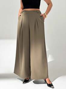 Auralis Plus Size Women's Spring And Summer Fashion Elegant Loose And Comfortable Daily Khaki Wide-Leg Pants Culottes,Work Pants,Office Outfits For Women,Women Bottom,Old Money Style,Teacher Outfits For Women,Baggy Pants,Office Wear Women,Business Casual Women,Fall Pants