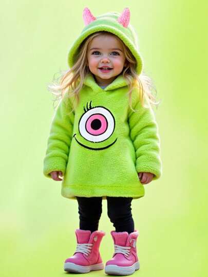 SHEIN Playful Pals Pelele casual con capucha de felpa bordado verde para bebé niña, otoño/invierno