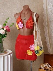 Bellisia Women's Casual Beach Vacation 3D Floral Crochet Coverup For Summer - Red - View 1