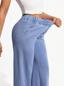 Flexra 女士松紧腰口袋阔腿宽松休闲牛仔裤 - 淺色水洗藍 - 查看 4