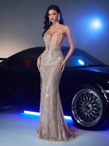 Glamrae Váy vải đính hạt màu sâm panh thanh lịch và sang trọng, có cổ trái tim, tay nghề thủ công đặc biệt ở ngực, thân áo xương cá có họa tiết, eo thắt có thể điều chỉnh, chân váy đuôi cá, phù hợp cho những dịp trang trọng - Rượu sâm banh - Xem 5
