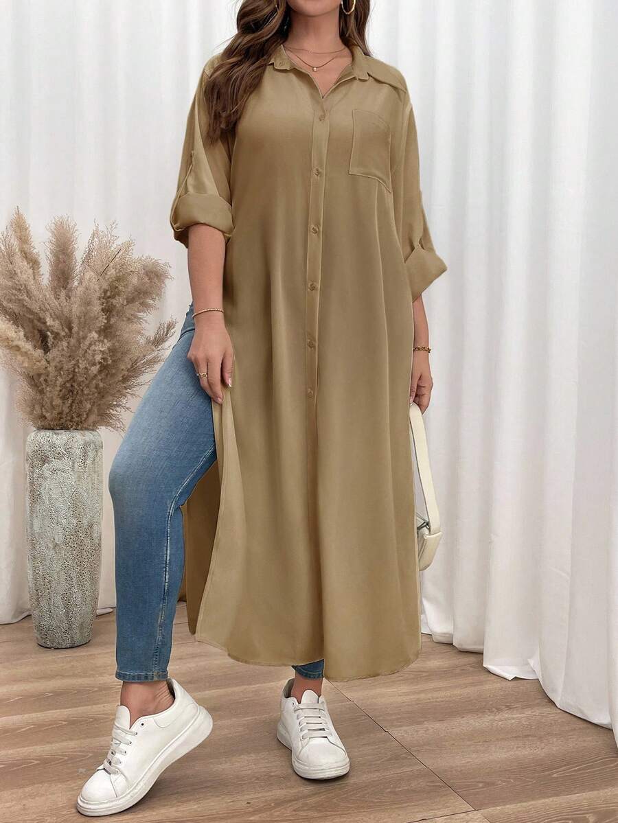 SHEIN Essnce 大码衬衫裙、黑色连衣裙、高开叉长袖连衣裙、长袖衬衫、黑色连衣裙、葬礼、长袖连衣裙 - 卡其色 - 查看 1