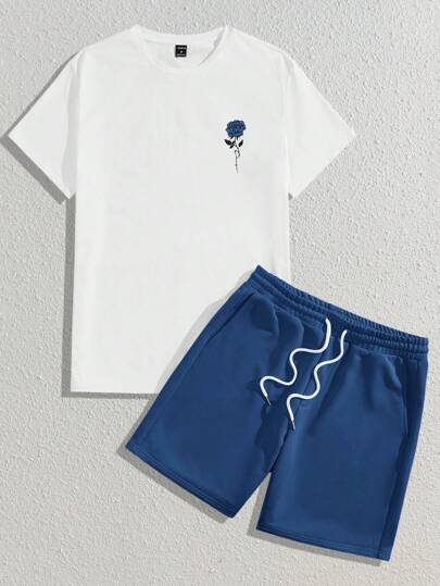 Manfinity BRENVOR Men's Solid Color Casual Round Neck Short Sleeve Top And Shorts Set Cozy Outfits  For Husband Boyfriend Gift Simple Fashion Commuting Short Sleeve T-Shirt Horse