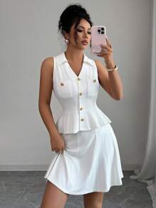 Elenzga 2pcs Women Casual French V-Neck Diamond Button Ruffle Flare Sleeve Fitted Knit Top & Skirt Set