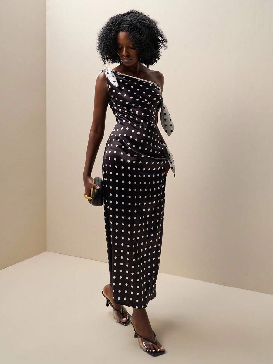 Zolique Damen Sommer Mode Polka Dot Muster asymmetrischer Ausschnitt Spaltkleid - Schwarz und Weiss - Übersicht 1