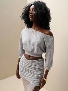 Zolique Women Casual Solid Color Oblique Shoulder Top And Bodycon Skirt 2 Pieces Set - Grey - View 1