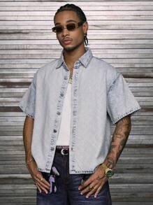 AXEPEAK 男士夏季休闲水洗前扣宽松牛仔衬衫 - 藍色 - 查看 1