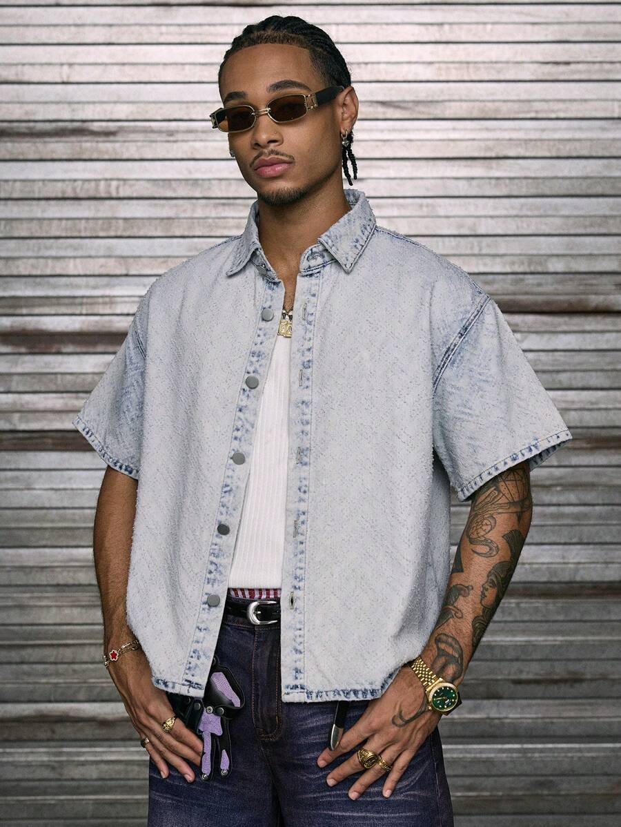 AXEPEAK 男士夏季休闲水洗前扣宽松牛仔衬衫 - 藍色 - 查看 1