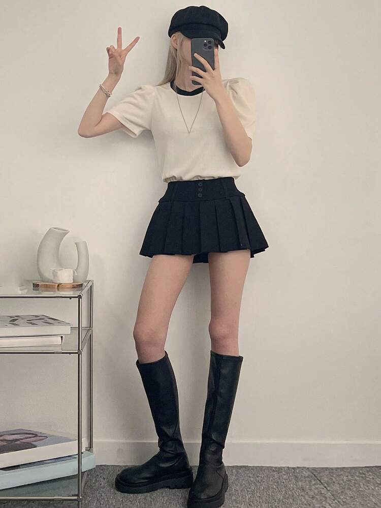 Women Round Neck Puff Sleeve Colorblock T-Shirt