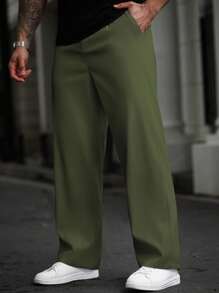 Manfinity Homme 男士加大码简约纯色口袋纽扣前直筒裤，秋季 - 軍綠色 - 查看 3