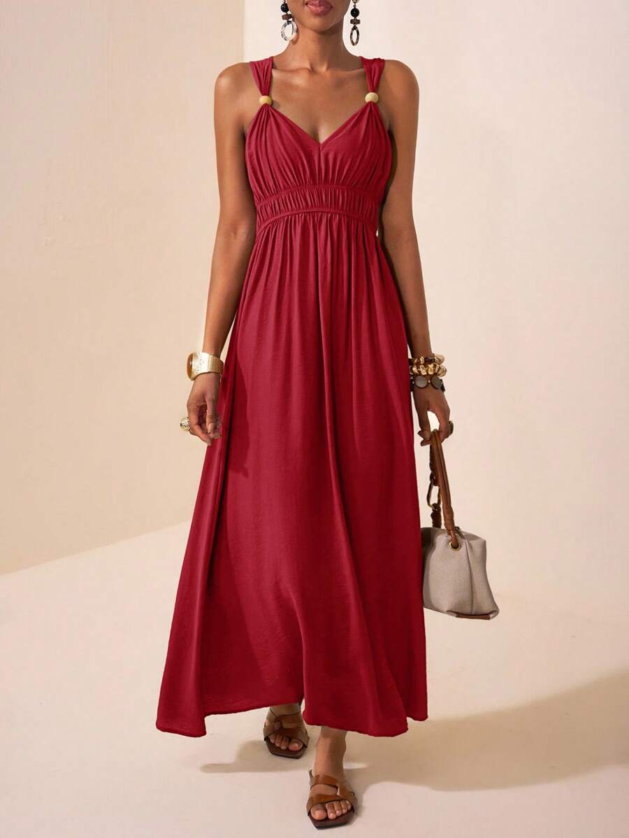 Zivah 2025 春夏新款 音乐节、复活节、圣帕特里克节、西部风、游牧风、生日派对、毕业典礼、学院风、学生风、休闲风、度假风、邮轮风、海滩风、日光浴风、时尚风、街头风、婚礼宾客风、通勤风、早午餐风、机场风 棕色细肩带 V 领无袖木质纽扣装饰褶皱腰长裙 - 紅色 - 查看 1