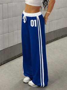 SHEIN Unity 女士数字印花腰部拼接休闲运动街头复古风宽松运动裤，春夏 - 寶藍色 - 查看 3