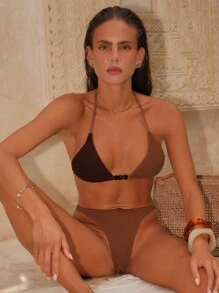 Swim Chiccia Conjunto de bikini de 2 piezas con parte superior de halter y Bottom con nudo, de color contrastante, para mujer, para playa de verano - Caqui - Ver 5