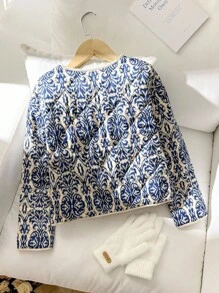 SHEIN 青少年女孩休闲度假花卉植物印花口袋圆领前开长袖夹棉夹克外套 - 藍色 - 查看 2