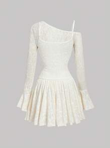 SHEIN MOD 白色优雅不对称领口喇叭袖连衣裙 - 白色 - 查看 2