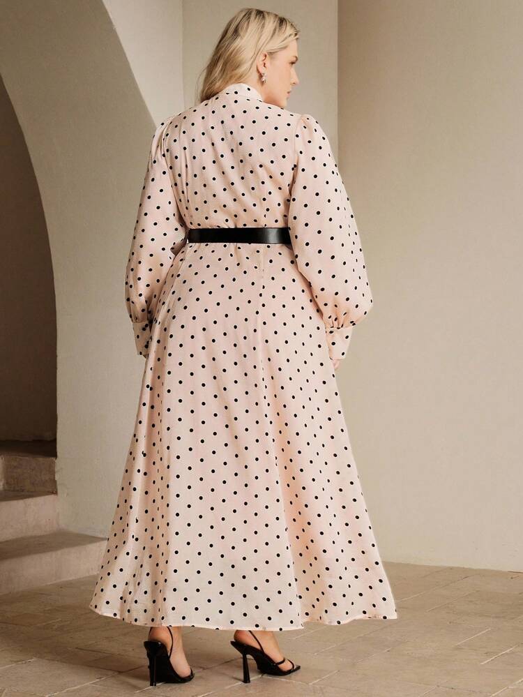 Elegant Plus Size Pink Polka Dot Print Long Sleeve Flare Dress With Waist Belt And Ruffle Hem, Fashionable