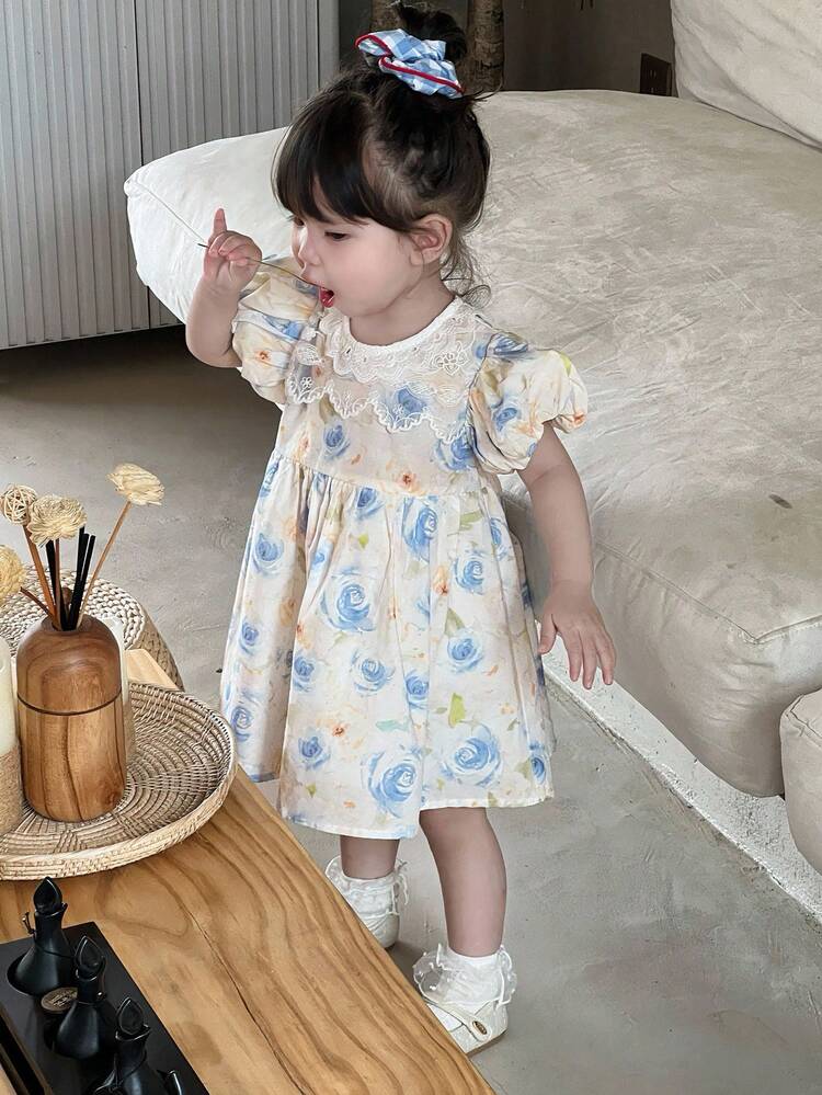 Toddler Girls' Full Floral Print Lace Patchwork Midi Party Dress, Formal Occasion