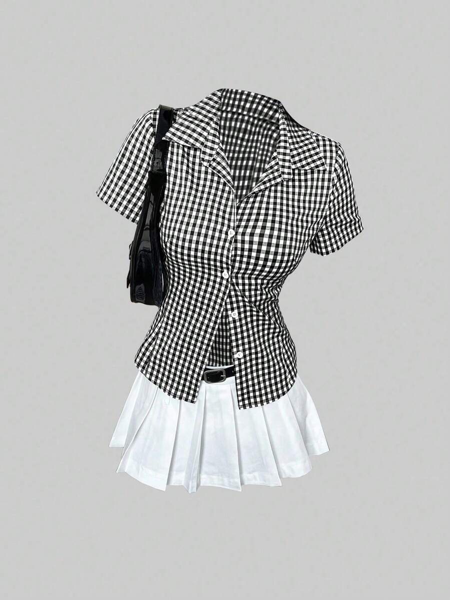 Sweetra 复古港风格子印花束腰百搭休闲 Polo 领短袖衬衫，女式，春夏 - 黑與白 - 查看 1