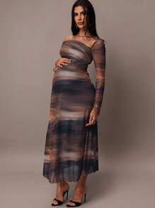 MaterniChic Brown Autumn Elegant Night Out Club Maternity Dress, Tie Dye Chiffon Pleated Asymmetrical Shoulder Long Sleeve Slim Fit Date Party Clothes - Brown - View 7