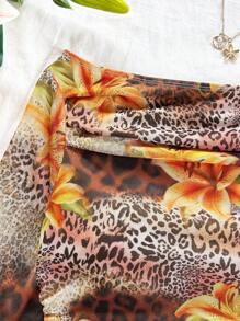 Soleia Blus Wanita Motif Leopard Cokelat dan Bunga, Atasan Lengan Panjang Model Lonceng Gaya Boho untuk Liburan, Atasan Pas Badan Berkerut Motif Bunga Lili untuk Musim Gugur, Gaya Liburan - Coklat - View 6