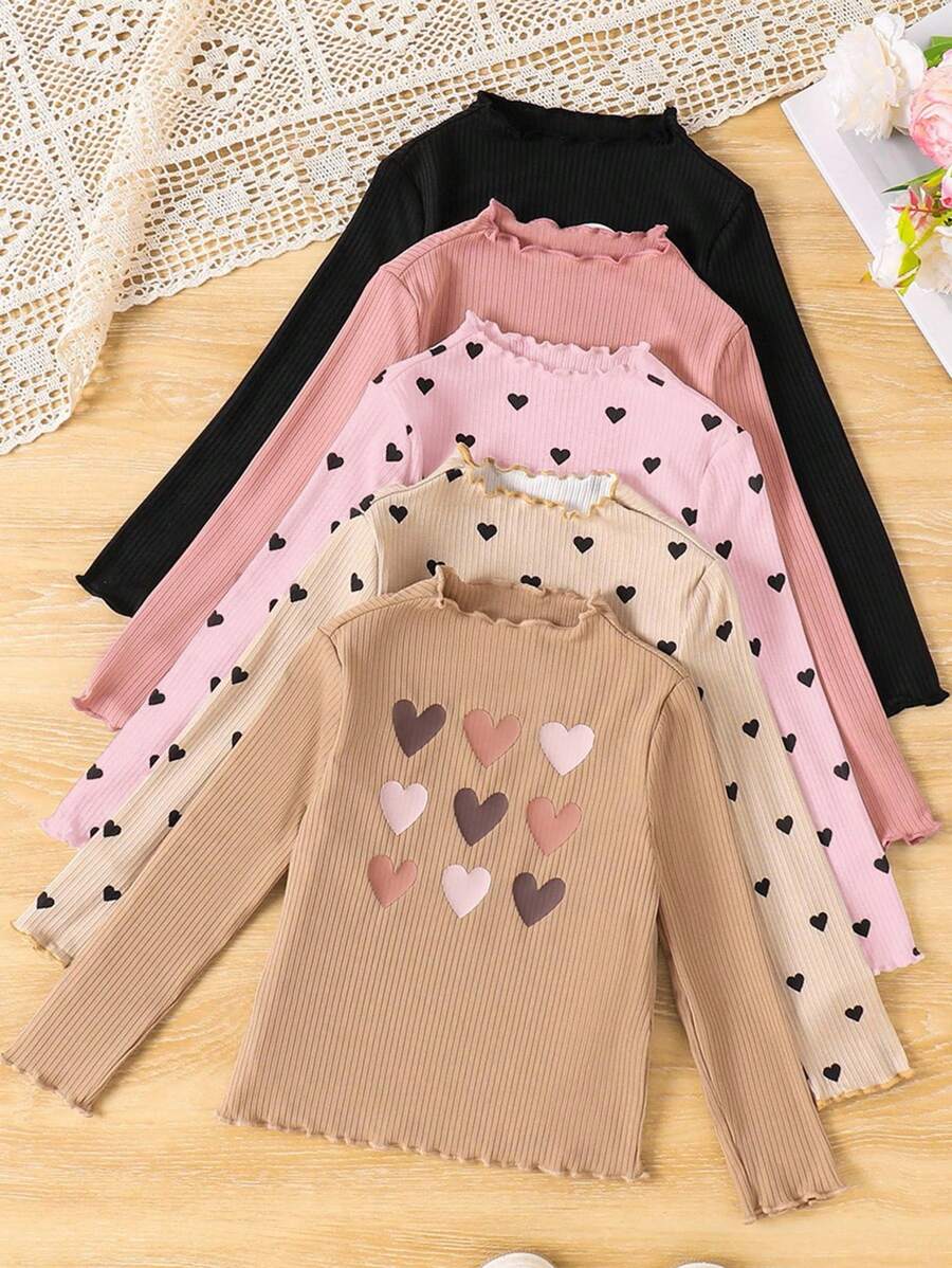 SHEIN Áo thun tay dài co giãn dệt kim màu trơn đơn giản thường ngày cho bé gái nhiều mẫu, thích hợp mặc thường ngày & hàng ngày & đi học hàng ngày vào mùa thu & đông - Hồng - Xem 1