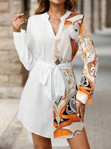 SHEIN Clasi 女士 V 领长袖前系带休闲短裙，女士夏装校服秋季女士连衣裙女士办公室服装女士教师服装女士生日服装 - 白色 - 查看 6