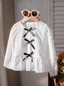 Young Girls' Elegant Embroidered Floral Lace Trim Blouse,White,Autumn,Family Matching Vintage Cute Shirt For School Uniform,Back To School Clothes - Black and White - View 3