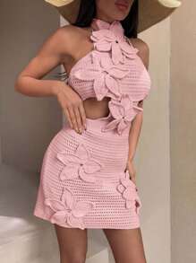 EURMUSE Women Handcrafted Crochet Floral Halter Cover Up Dress Beachwear Good Quality - Baby Pink - View 6