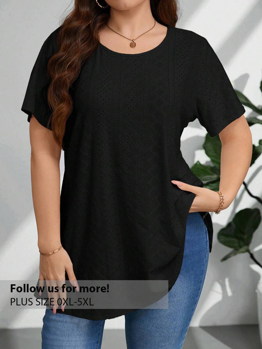 Firerie 加大码优雅休闲度假简约纯色 A 字中长加大码短袖夏季 T 恤，宽松穿孔纹理弹力面料，适合办公室穿着，白色 - 黑色 - 查看 1