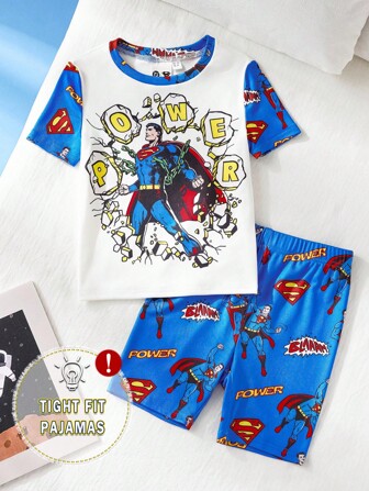 SUPERMAN X SHEIN Young Boy Cartoon Superhero Print Color Block Tight Ribbed Knit Sleepwear Set