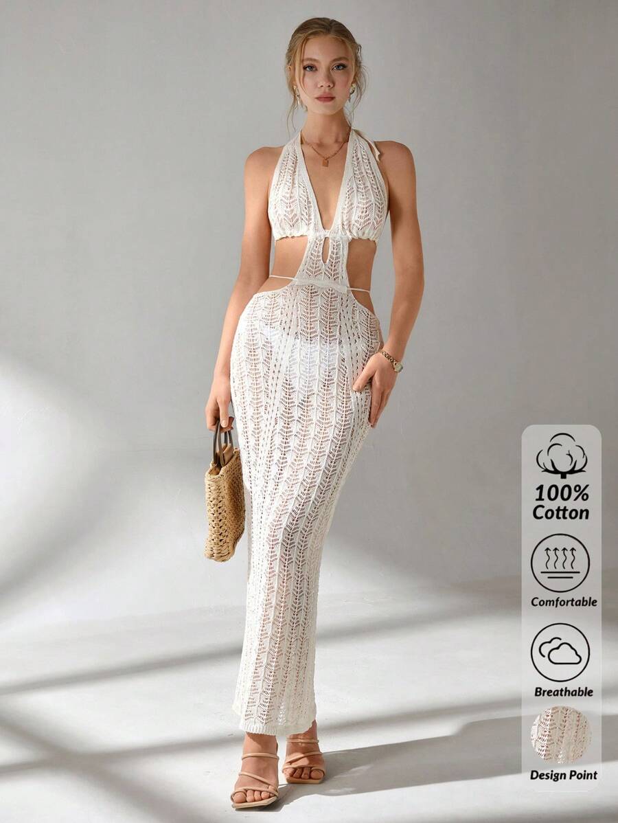 CLARA VERO EURMUSE Deep V Neck Clevage Cut Out Detailed Crochet Hollow Out Backless Maxi Knitted Cover Up Dress For Summer Beach Vibes