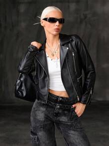 CasuGlow 前卫多拉链仿皮夹克 / 大胆多拉链仿皮夹克 - 黑色 - 查看 5