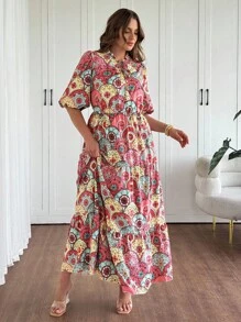 SHEIN Clasi 大码女式夏季度假风格全印花荷叶边系带泡泡袖腰部修身连衣裙 - 彩色 - 查看 3