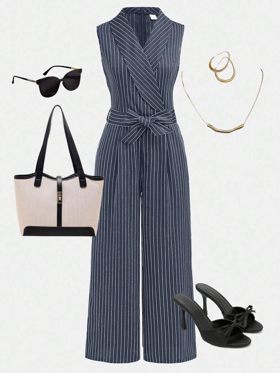 Girlism 少女休闲梭织条纹系带V领无袖连体裤