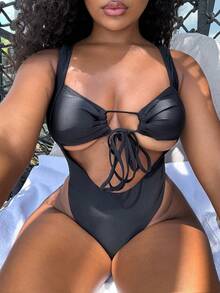 Alexandranx Summer Beach Cut Out Crisscross Tie Backless Halter One Piece Swimsuit With Beach Skirt - Black - View 3