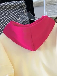 SHEIN EZwear 女式字母印花落肩长袖拼色抽绳连帽套头衫秋季 - 玫紅色 - 查看 5