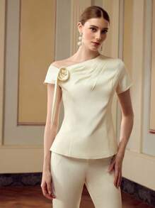 ZEYLAH Blouse élégante et ajustée avec décor floral 3D minimaliste de couleur unie pour femme