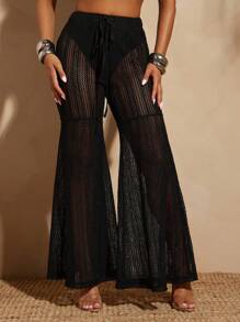 Vixey Solid Panty Lined Semi Sheer Knit Drawstring Waistband Palazzo Wide Leg Pants, Women Two Pieces Set, 2 Pieces Vacation Set Women, Crochet Two Pieces Set, Vacation Outfits For Women - Black - View 1